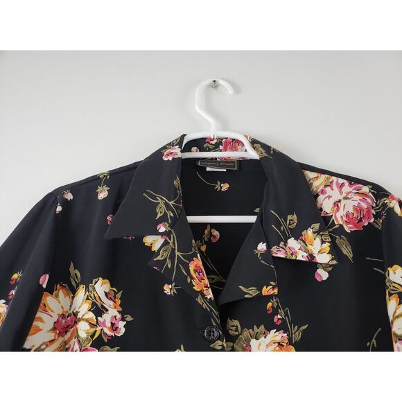 (F5) Vintage INTRIGUING THREADS Womens Blouse Size 12 Floral Long Sleeve Black - Picture 2 of 7